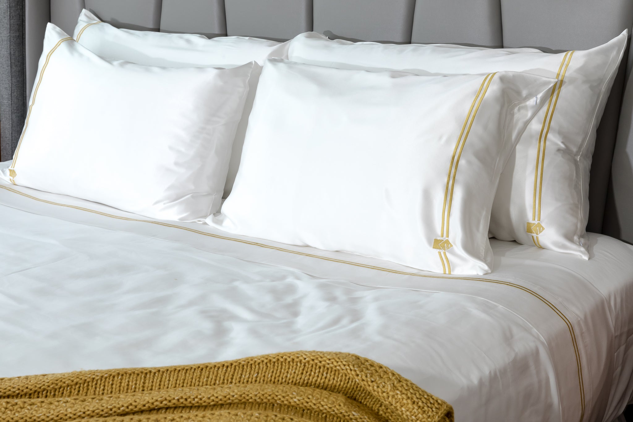 Got Silk? Luxury bedding by Mismatch.  Silk pillowcase with matching cotton sheets.  White with gold embroidery. Great for natural beauty, reduce the appearance of wrinkles, keep moisture in your hair and skin, reduce hair breakage, and healthy beard.